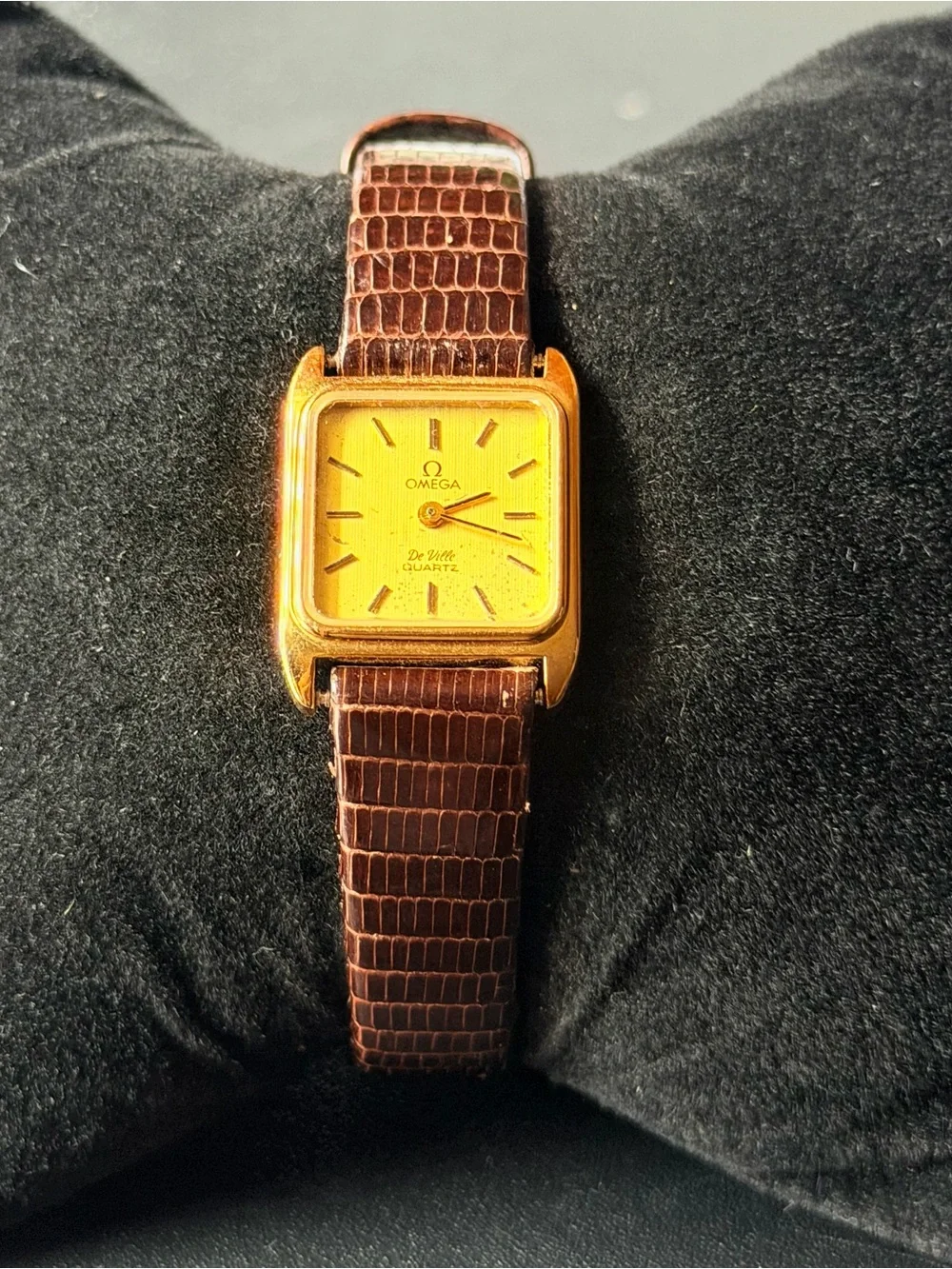Omega Gold-Tone Square Dial Watch with Brown Leather Strap